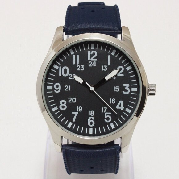 Other - Men's Quartz Field Watch Silver Tone Case Blue Tropical Rubber Strap 42mm